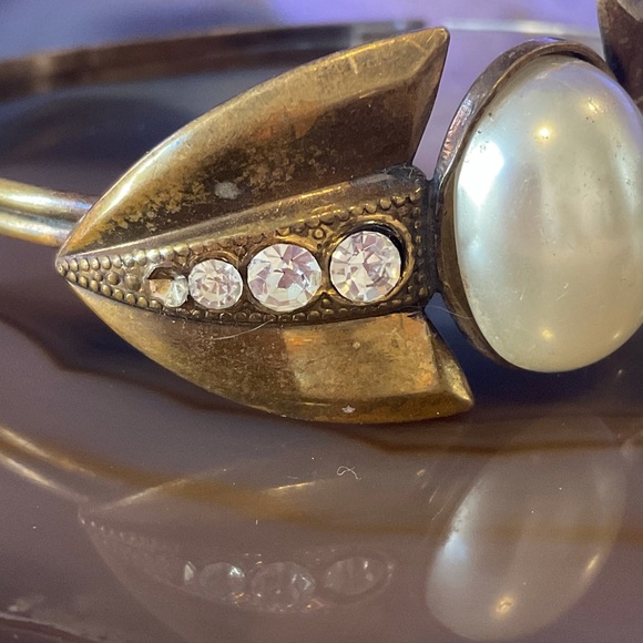 Vintage brass pearl bracelet vtg cz bangle cubic zirconia - Picture 4 of 5